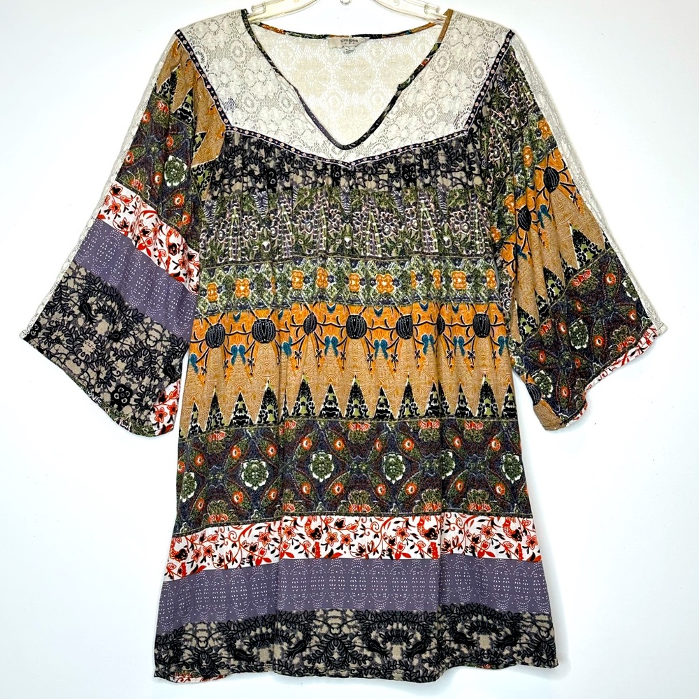 Umgee Chic Boho Fall Color Tone Tunic with Lace Detail Sz L